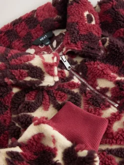 Discount Next Jacquard Teddy Borg Quarter Zip Fleece Sweatshirt Burgundy Red Floral