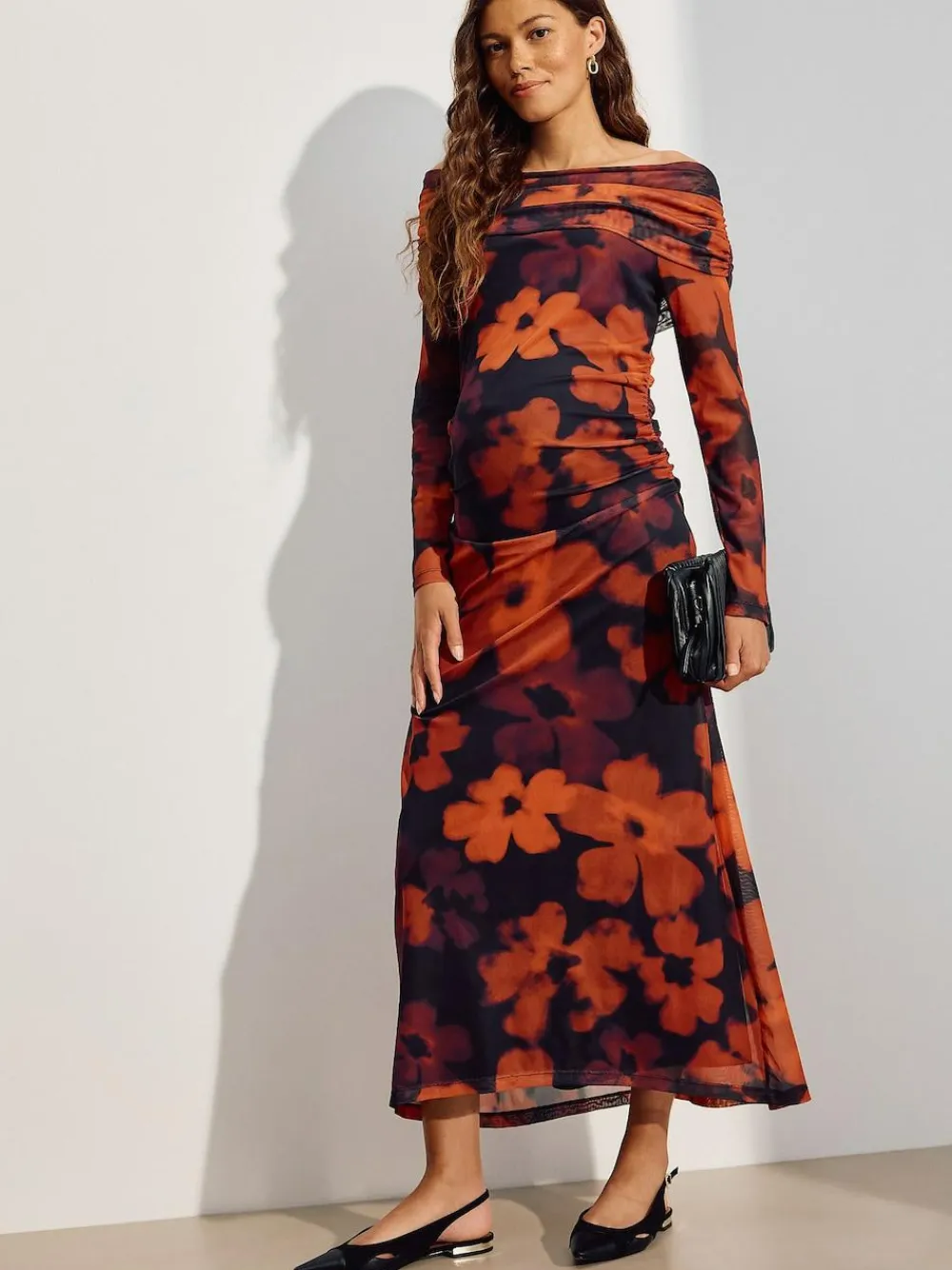 Next Maternity Mesh Bardot Dress Burgundy Red Floral