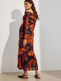 Next Maternity Mesh Bardot Dress Burgundy Red Floral