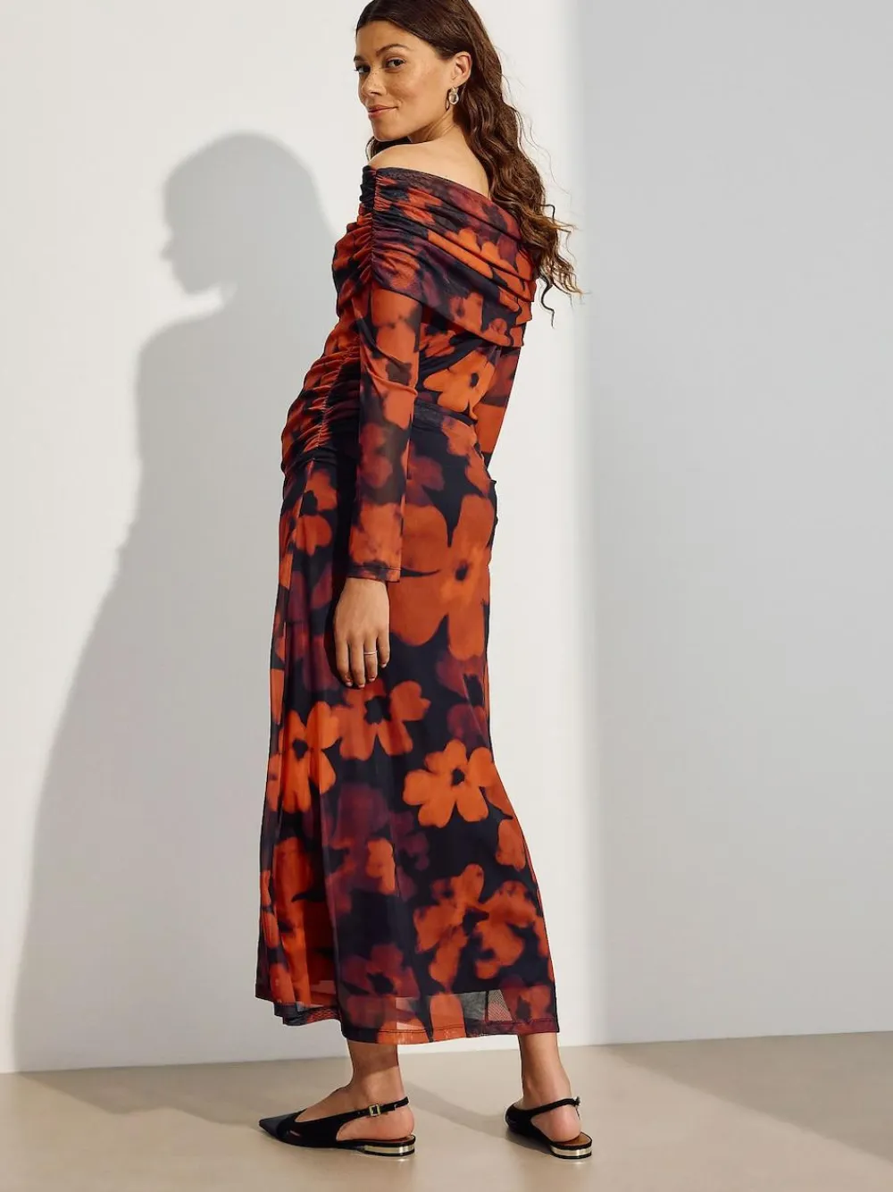 Next Maternity Mesh Bardot Dress Burgundy Red Floral