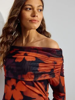 Next Maternity Mesh Bardot Dress Burgundy Red Floral