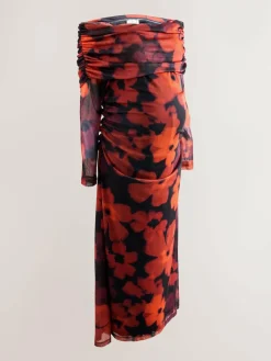 Next Maternity Mesh Bardot Dress Burgundy Red Floral