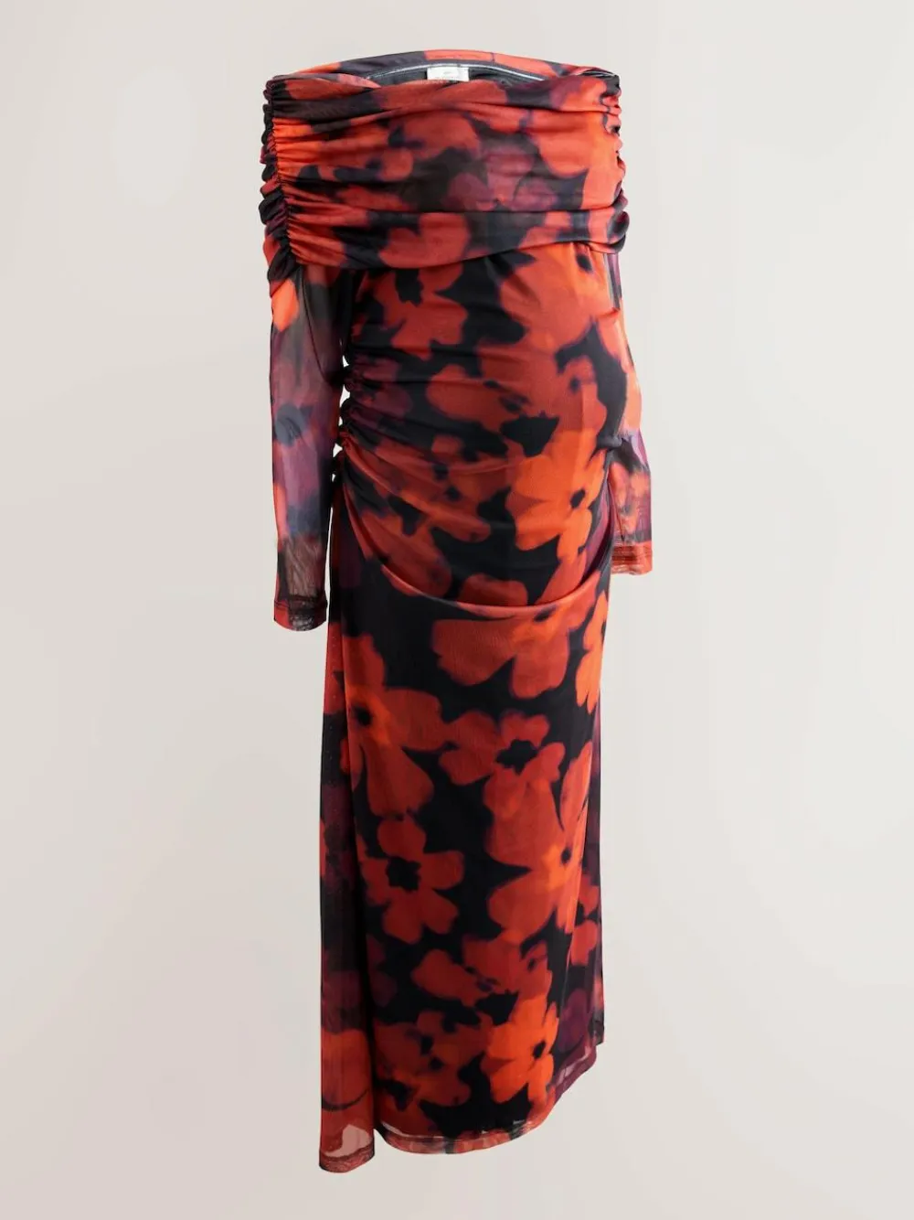 Next Maternity Mesh Bardot Dress Burgundy Red Floral