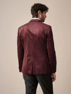 Discount Next Slim Fit Patterned Velvet Blazer Burgundy Red Geometric