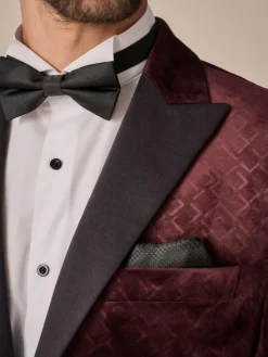 Discount Next Slim Fit Patterned Velvet Blazer Burgundy Red Geometric