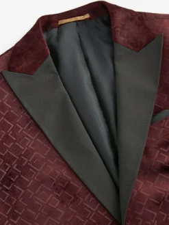 Discount Next Slim Fit Patterned Velvet Blazer Burgundy Red Geometric
