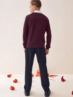 Next Burgundy Red Knitted V-Neck School Jumper (3-16yrs)^BOY Knitwear & Sweaters|Knitwear