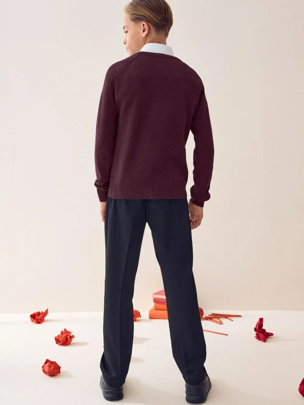 Next Burgundy Red Knitted V-Neck School Jumper (3-16yrs)^BOY Knitwear & Sweaters|Knitwear