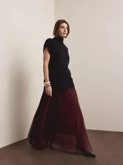 New Next Mesh Pleated Maxi Skirt Burgundy Red