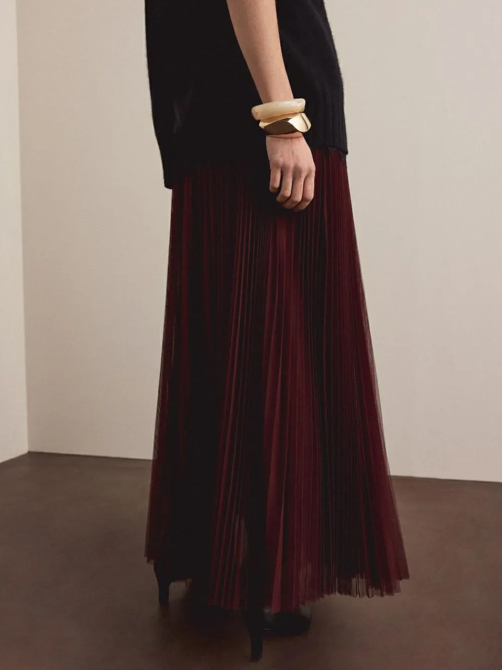 New Next Mesh Pleated Maxi Skirt Burgundy Red