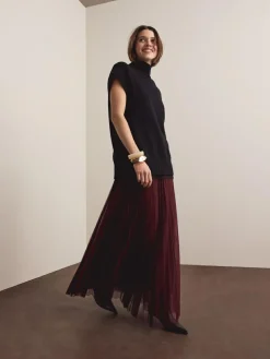 New Next Mesh Pleated Maxi Skirt Burgundy Red