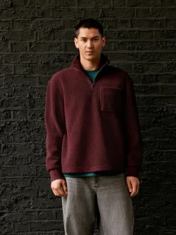 Hot Next Quarter Zip Borg Fleece Burgundy Red