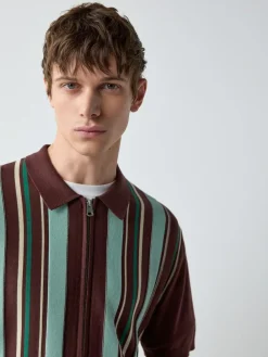 Hot Next Burgundy Red Regular Fit Short Sleeve Stripe Zip Through Knitted Polo Shirt