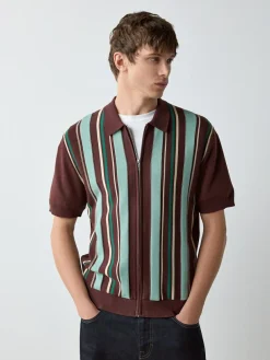 Hot Next Burgundy Red Regular Fit Short Sleeve Stripe Zip Through Knitted Polo Shirt
