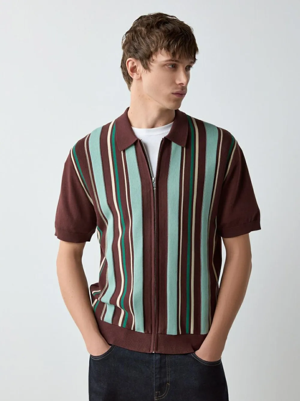 Hot Next Burgundy Red Regular Fit Short Sleeve Stripe Zip Through Knitted Polo Shirt
