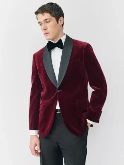 New Next Regular Fit Signature Pontoglio Italian Velvet Blazer With Shawl Lapel Burgundy Red