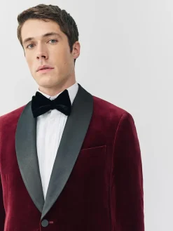 New Next Regular Fit Signature Pontoglio Italian Velvet Blazer With Shawl Lapel Burgundy Red
