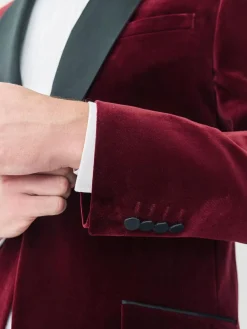 New Next Regular Fit Signature Pontoglio Italian Velvet Blazer With Shawl Lapel Burgundy Red