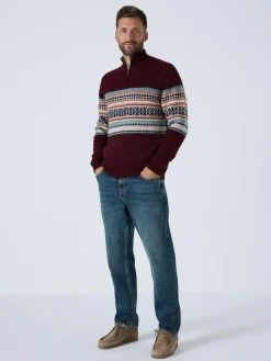 New Next Burgundy Red Regular Fit Fairisle Pattern Chest Block Zip Neck Jumper
