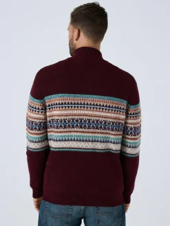 New Next Burgundy Red Regular Fit Fairisle Pattern Chest Block Zip Neck Jumper