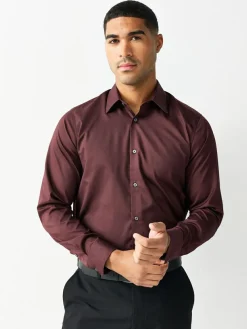 Next Burgundy Red Regular Fit Easy Care Textured Single Cuff Smart Shirt^ Shirts