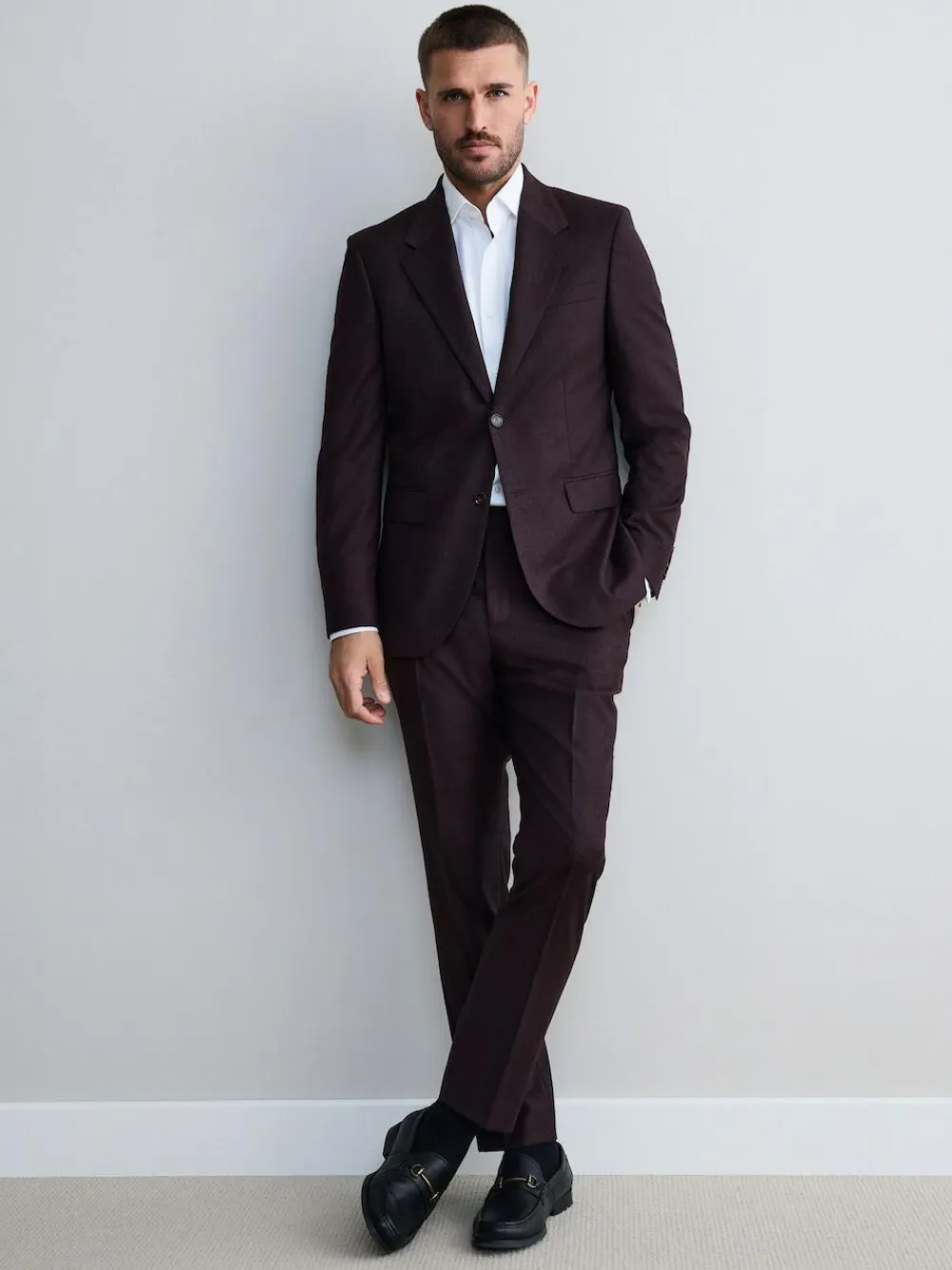 Discount Next Slim Fit Signature Zignone Italian Wool Cashmere Blend Flannel Suit Jacket Burgundy Red