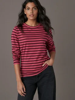 Next Burgundy Red Stripe Long Sleeve Crew Neck T-Shirt^Women Nightwear|Tops & T-Shirts