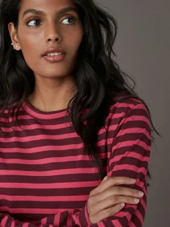 Next Burgundy Red Stripe Long Sleeve Crew Neck T-Shirt^Women Nightwear|Tops & T-Shirts