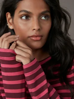 Next Burgundy Red Stripe Long Sleeve Crew Neck T-Shirt^Women Nightwear|Tops & T-Shirts