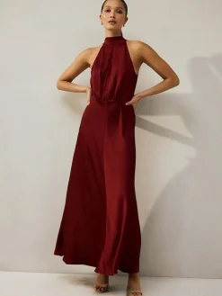 Hot Next Burgundy Red Textured Satin Halter Sleeveless Midi Dress
