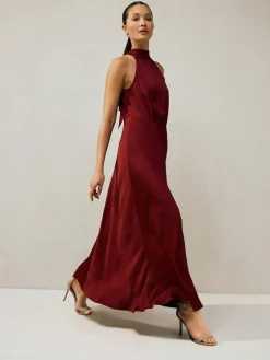 Hot Next Burgundy Red Textured Satin Halter Sleeveless Midi Dress