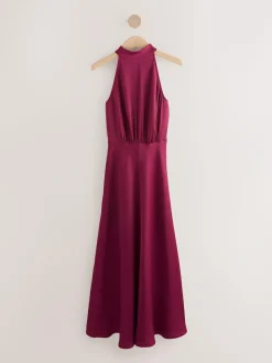 Hot Next Burgundy Red Textured Satin Halter Sleeveless Midi Dress