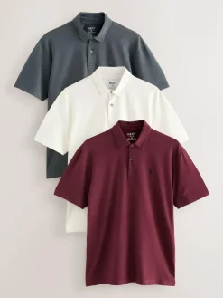 Next Burgundy Red/Charcoal Grey/Ecru Cream Regular Fit Short Sleeve Jersey Polo Shirts 3 Pack^ Tops & T-Shirts