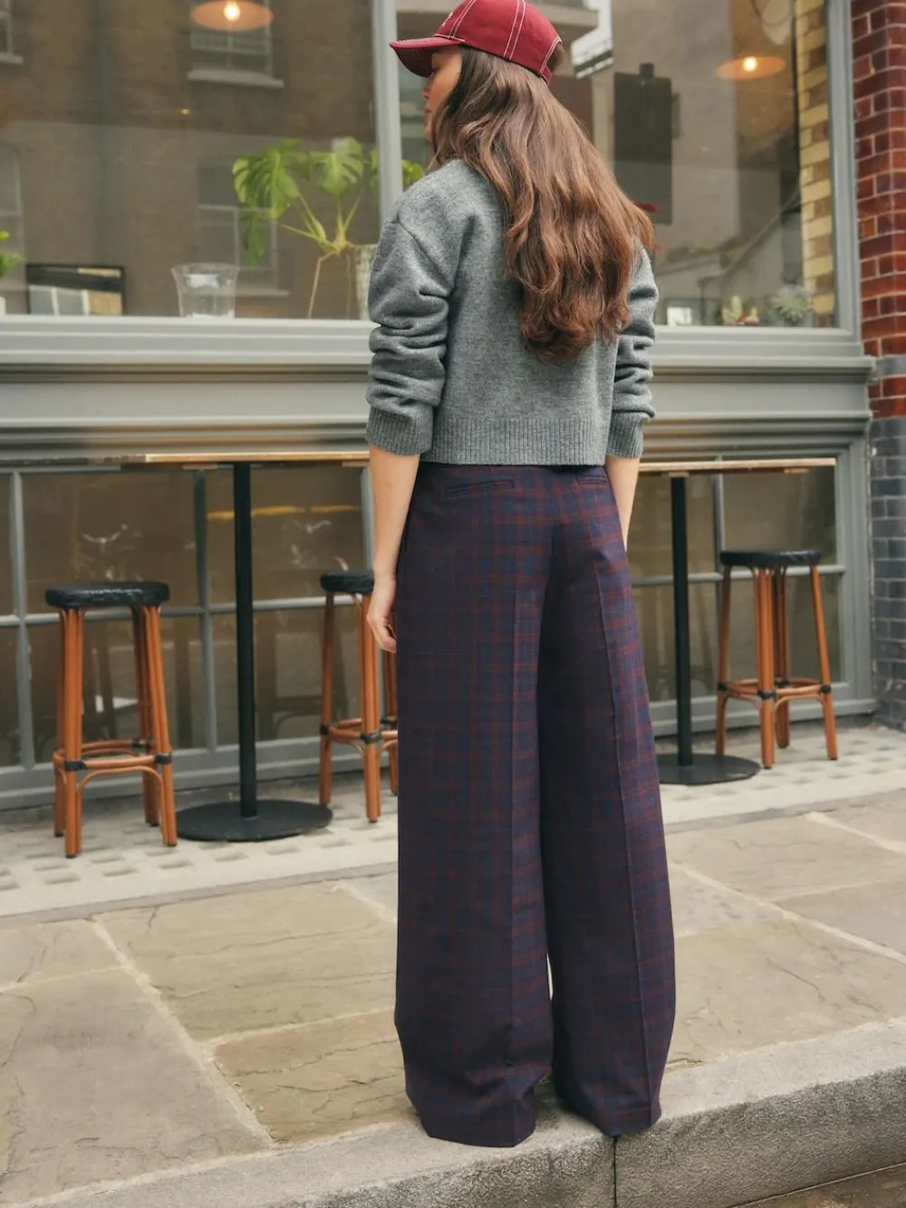 Hot Next Burgundy Red/Navy Blue Check Check Wide Leg Tailored Trousers
