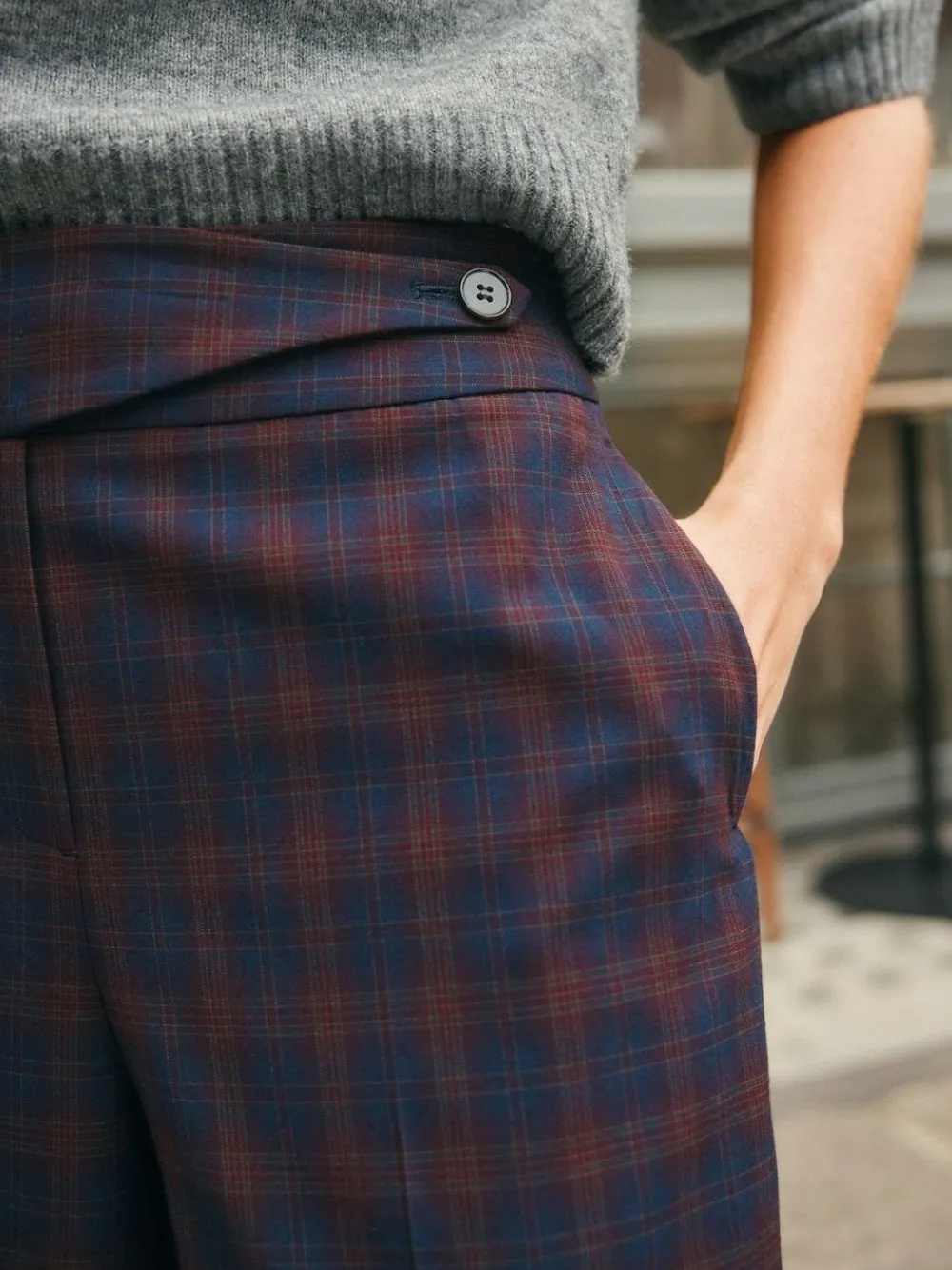 Hot Next Burgundy Red/Navy Blue Check Check Wide Leg Tailored Trousers