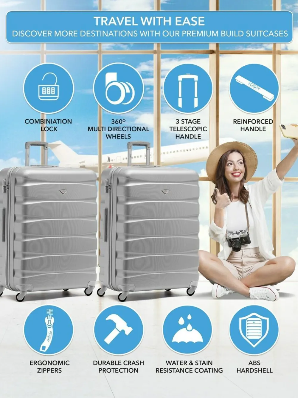 CABIN PRO Silver Set of 2 Large Check-In Hold Luggage Hardcase Travel Suitcases
