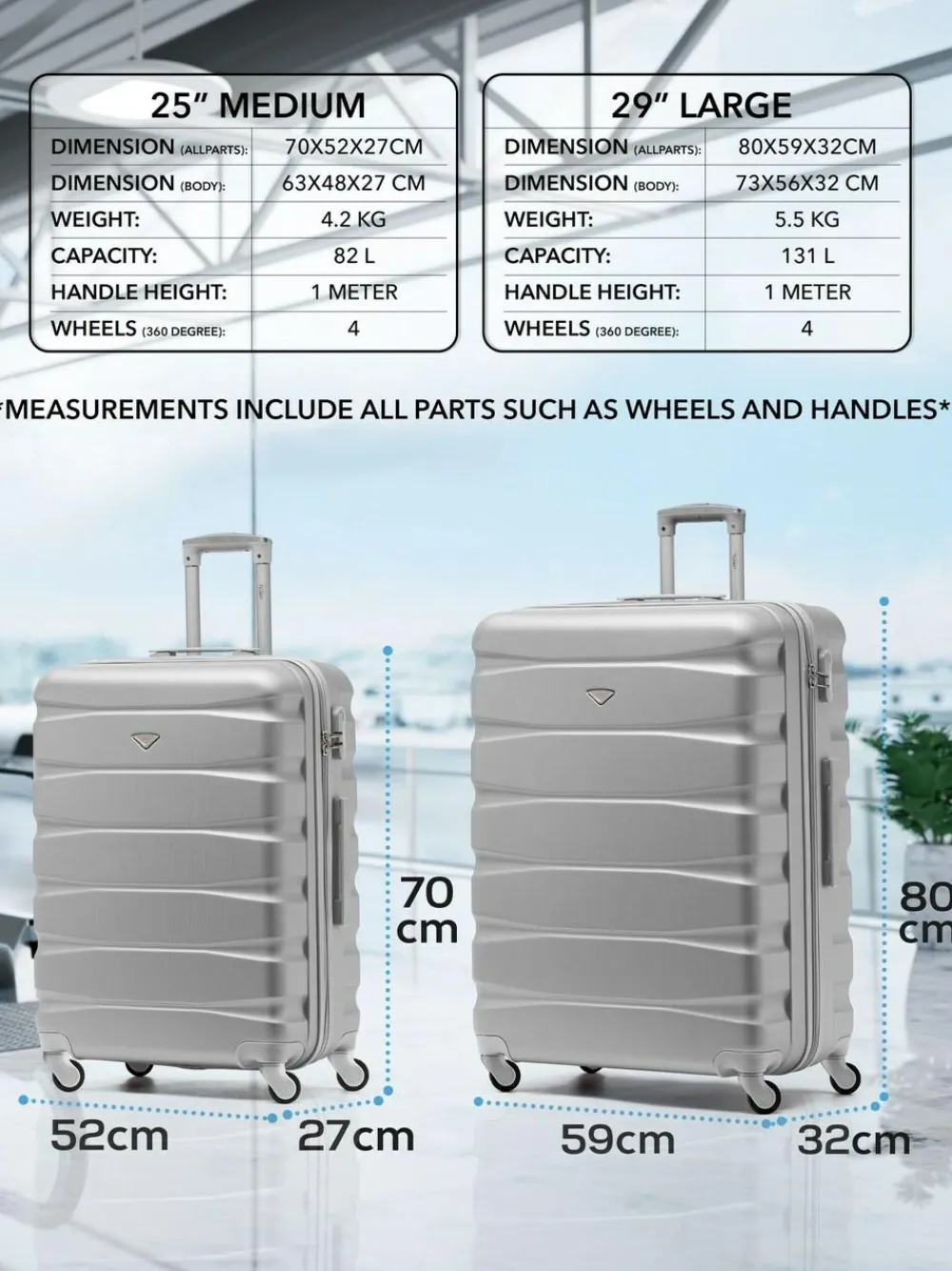 CABIN PRO Silver Set of 2 Medium & Large Check-In Hold Luggage Hardcase Travel Suitcases^Women Luggage