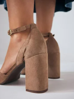 Sale Next Camel Suede Leather Round Toe Cut Out T-Bar Block Heel Shoes