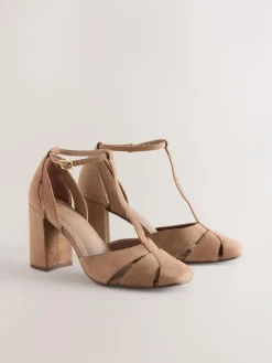 Sale Next Camel Suede Leather Round Toe Cut Out T-Bar Block Heel Shoes