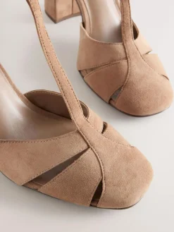 Sale Next Camel Suede Leather Round Toe Cut Out T-Bar Block Heel Shoes