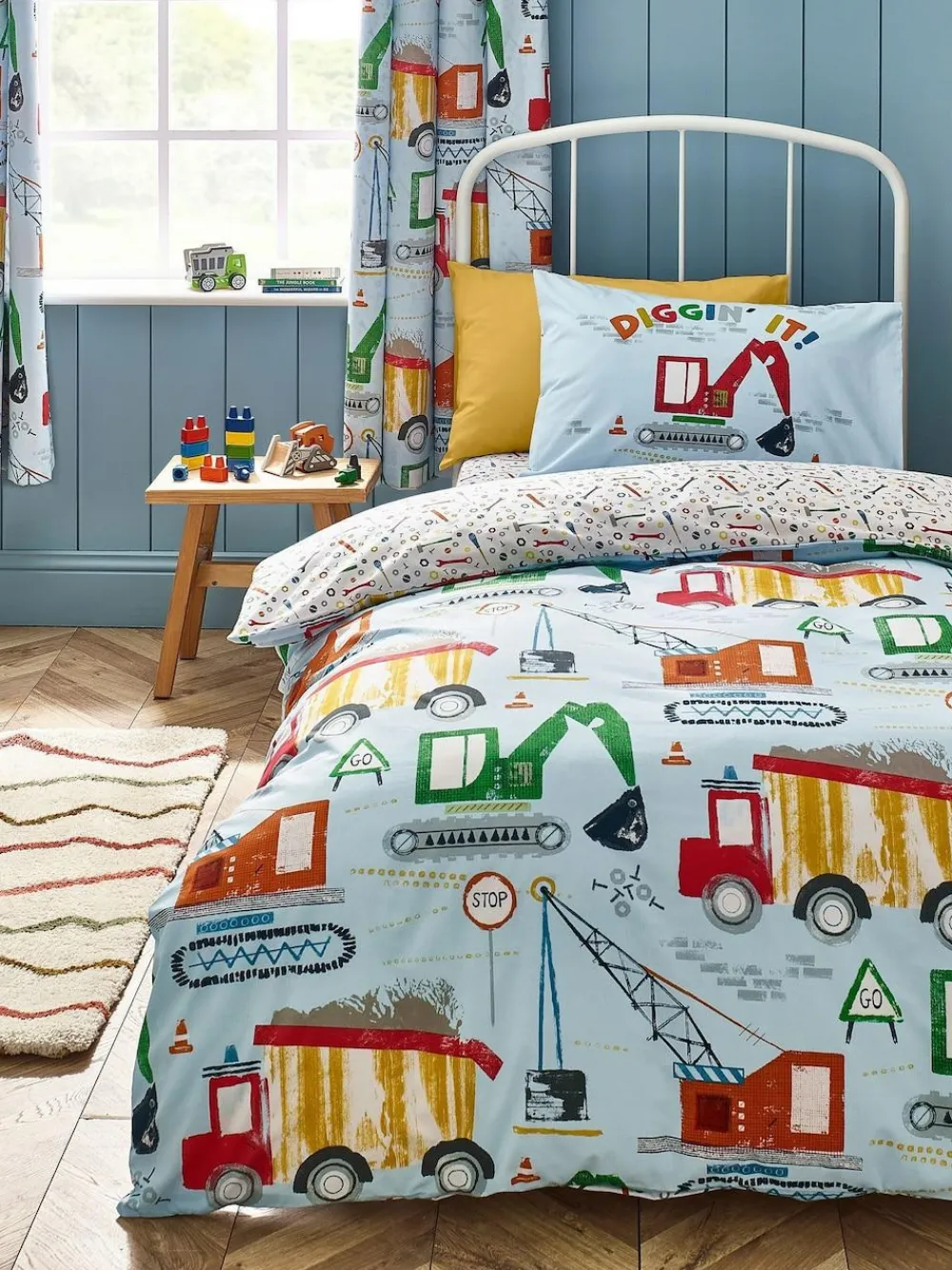 Best Catherine Lansfield Blue Digger Dreams Reversible Duvet Cover Set