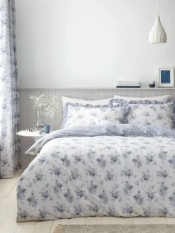 Catherine Lansfield Blue Lucie Floral Frill Reversible Duvet Cover Set^ Branded Bedlinen
