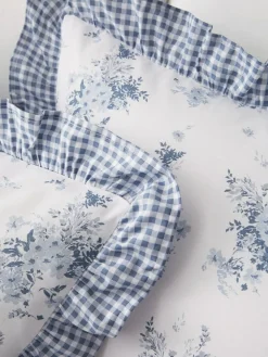Catherine Lansfield Blue Lucie Floral Frill Reversible Duvet Cover Set^ Branded Bedlinen