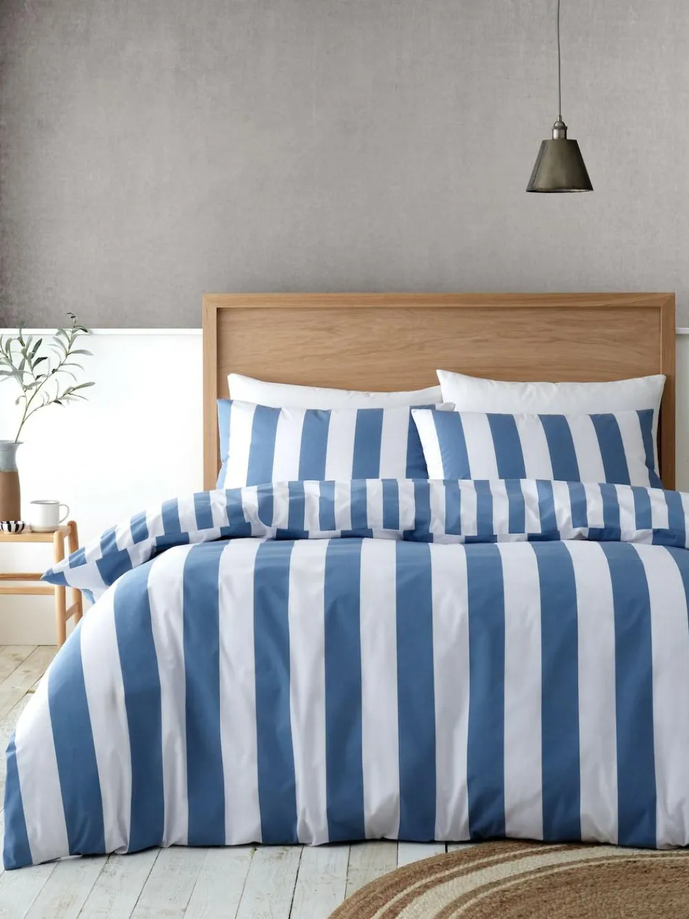 Clearance Catherine Lansfield Cove Stripe Reversible Duvet Cover Set Chambray Blue