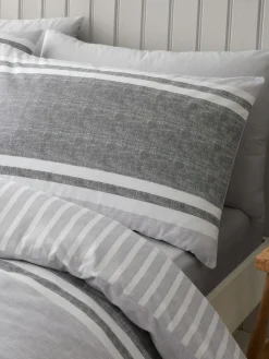New Catherine Lansfield Textured Banded Stripe Reversible Duvet Cover Set Charcoal