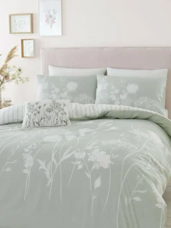 Catherine Lansfield Green/White Meadowsweet Floral Reversible Duvet Cover Set^ Branded Bedlinen|Bedsets & Duvet Covers