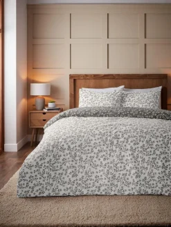 Hot Catherine Lansfield Supersoft 100% Brushed Cotton Floral Leaf Duvet Cover Set Grey