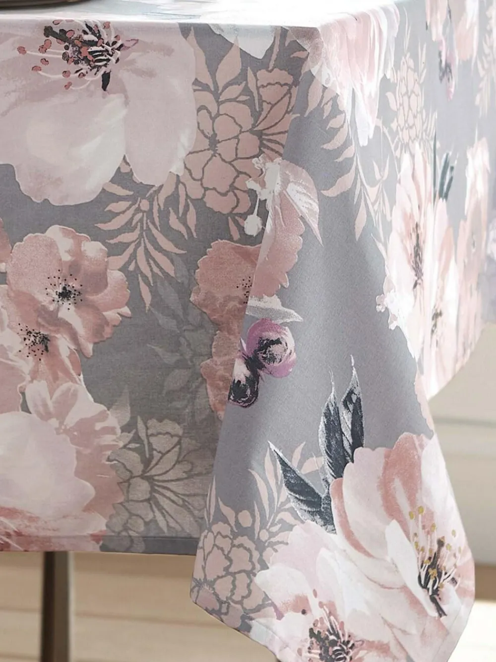 New Catherine Lansfield Grey Dramatic Floral Print 100% Cotton Table Cloth
