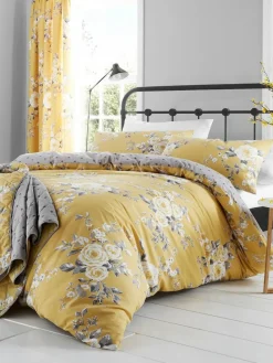 New Catherine Lansfield Canterbury Floral Duvet Cover and Pillowcase Set Ochre Yellow