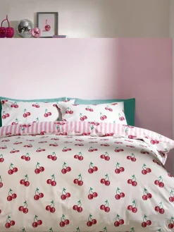 Catherine Lansfield Pink Disco Cherries Stripes Reversible Duvet Cover Set^ Branded Bedlinen